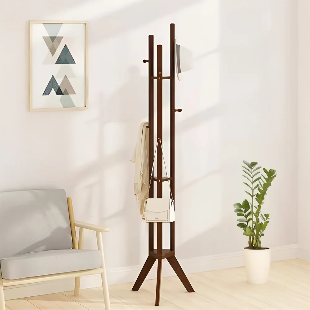 Wooden Coat Hat Rack Stand with Three Upright Poles Equipped with Hooks