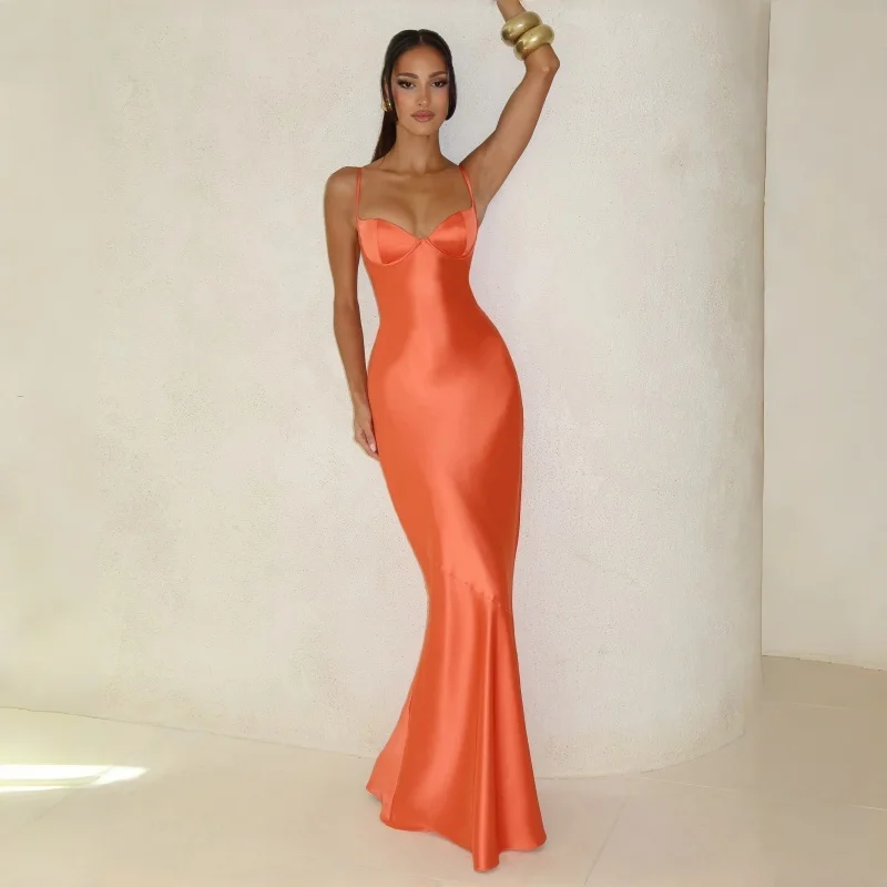 

New Coral Orange Satin Strap Evening Dress Slim Fit Mermaid Backless Lace-up Gown Party Birthday Prom Formal Maxi Dress