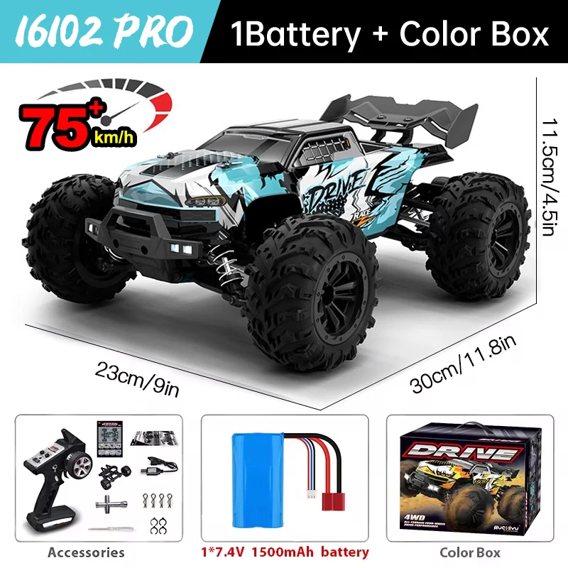 WLtoys 16101 Pro 1:16 75 km/u 4WD RC auto met LED-licht 2.4G afstandsbediening auto's hoge snelheid Drift Monster Truck voor kinderen cadeau