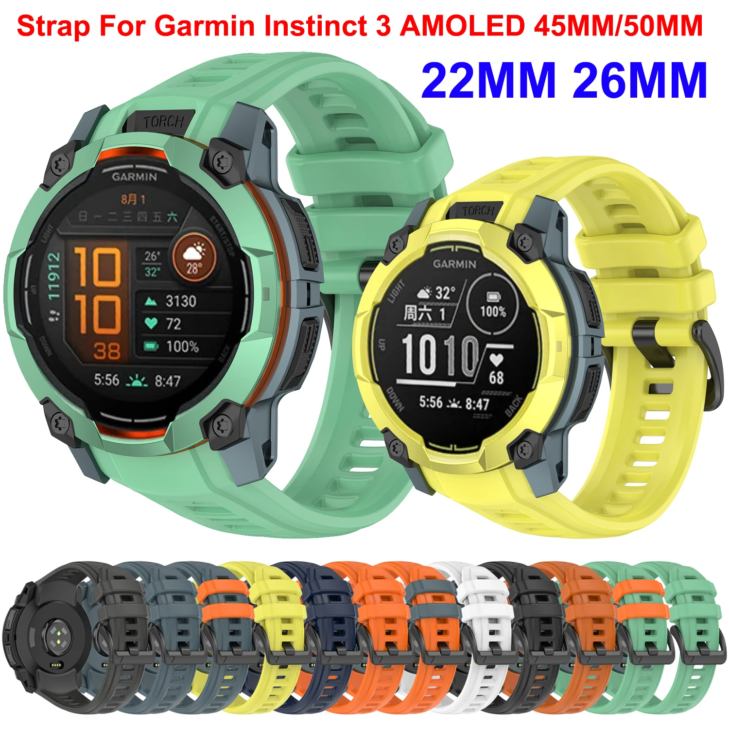 

22MM 26MM Silicone WatchBand Strap For Garmin Instinct 3 Solar AMOLED 45mm 50mm Watch Band Sports Watchband bracelet watch strap
