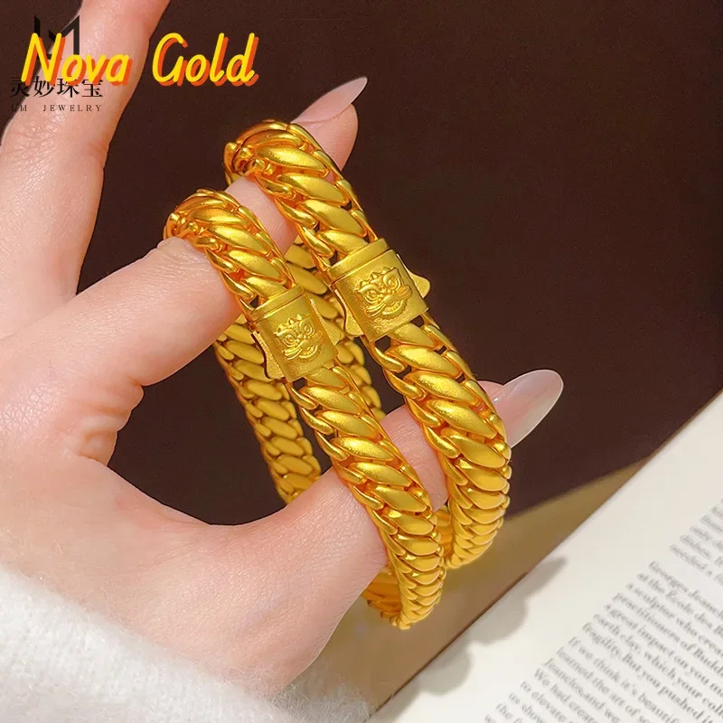 

NovaGlod Ancient gold 9999 24K real gold lion awakening three horsewhip bracelet wide frosted boss Cuban chain domineering gift
