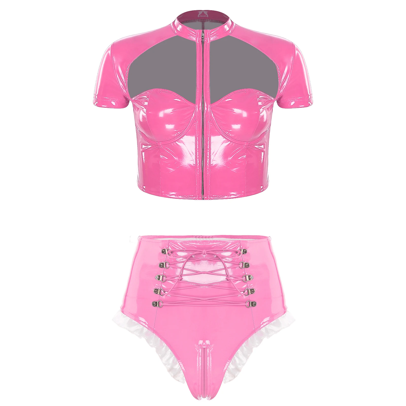 

Women Wet Look PU Leather Outfit Clubwear Pole Dance Clothes Cutout Short Sleeve Zipper Underwire Crop Top And High Waist Briefs