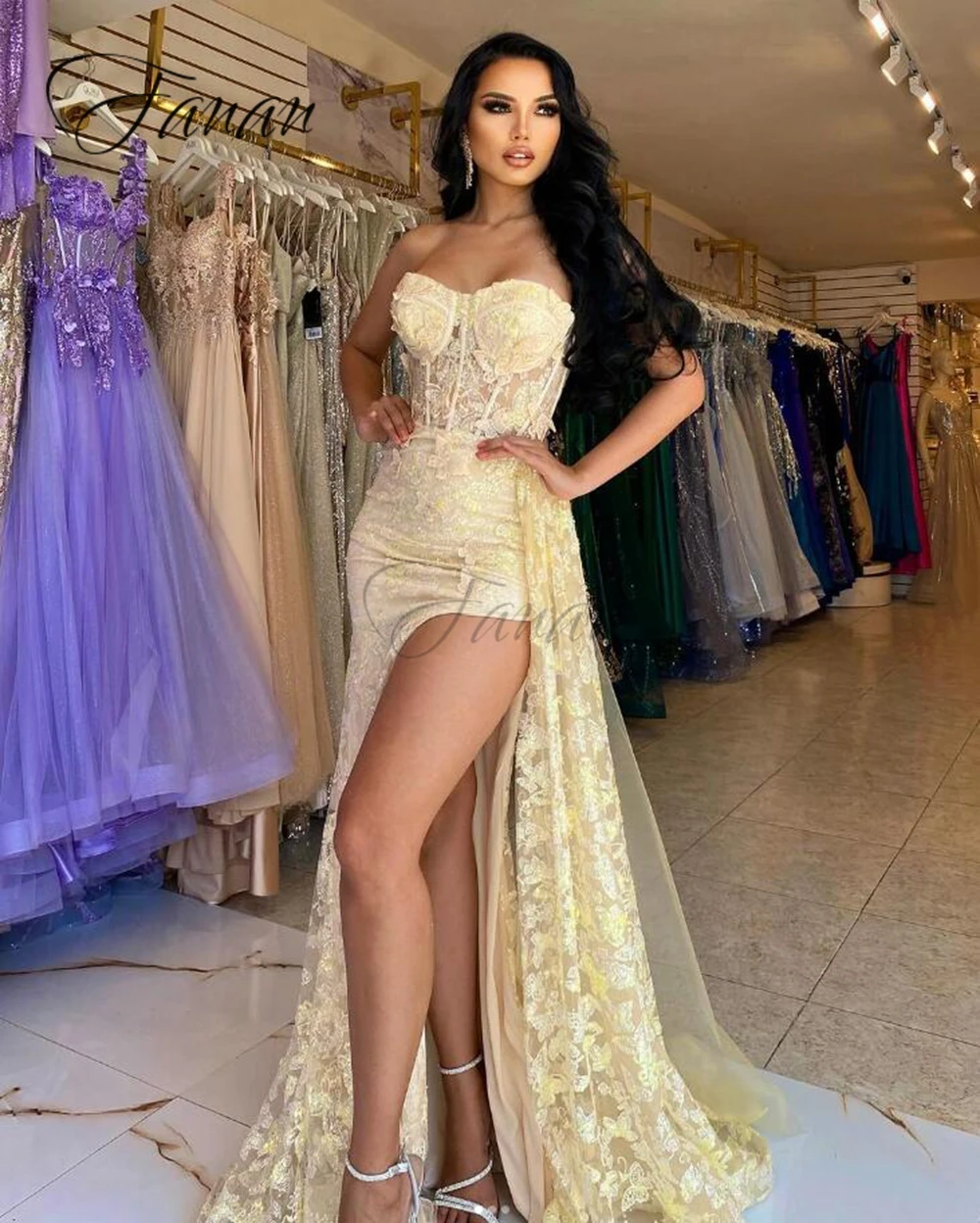 Customized Temperament Sweetheart Neck Prom Gown Sleeveless Sheath High Slit Lace Backless EveningParty Dresses فساتين السهرة 20