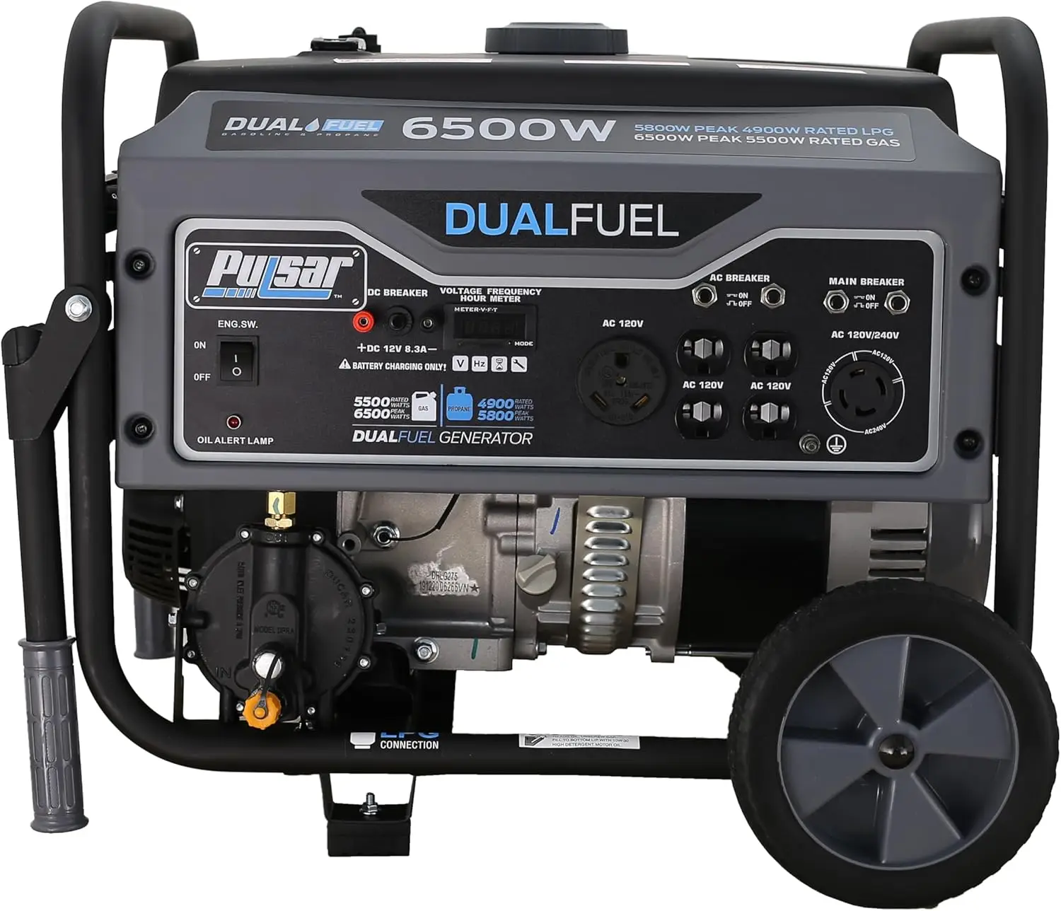 Portable Gas and LPG Dual Fuel Generator 5500 Rated 6500 Peak Watts, RV Ready, CARB Compliant, Black&White