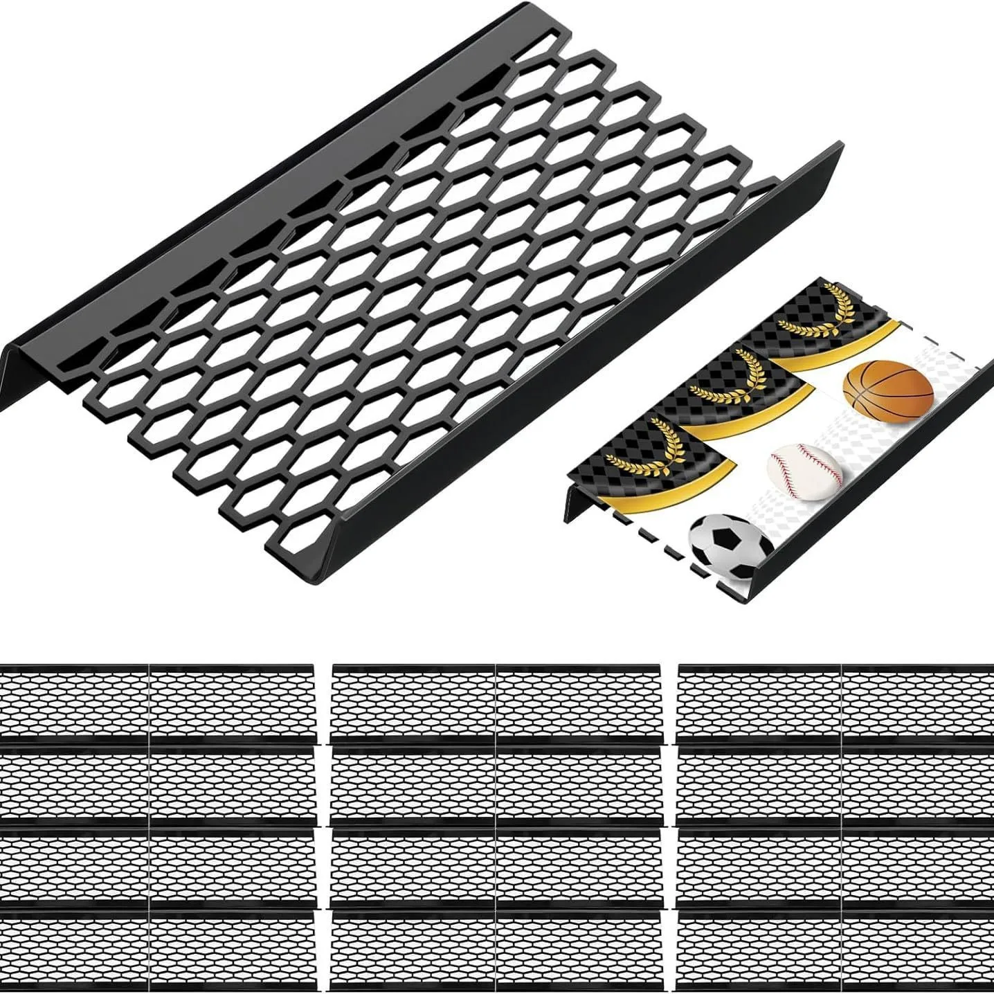 Unité d'exposition modulaire en acrylique pour cartes à collectionner, dotée de grilles interchangeables, de panneaux creux en nid d'abeille, de panneaux pleins, de panneaux sphériques et de panneaux semi-circulaires.