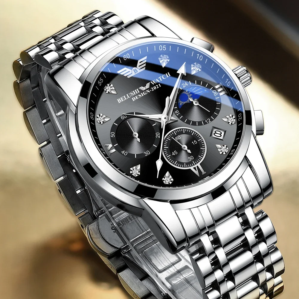 

BELUSHI спортивные мужские часы с хронографом, элитный бренд, кварцевые наручные часы из нержавеющей стали, мужские водонепроницаемые мужские часы с фазой Луны
