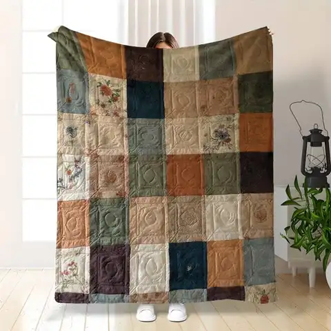 Vintage Patchwork Quilt-Style Throw Blanket - Rustic Floral-Themed Soft Blanket for Warm Cozy Home Decor