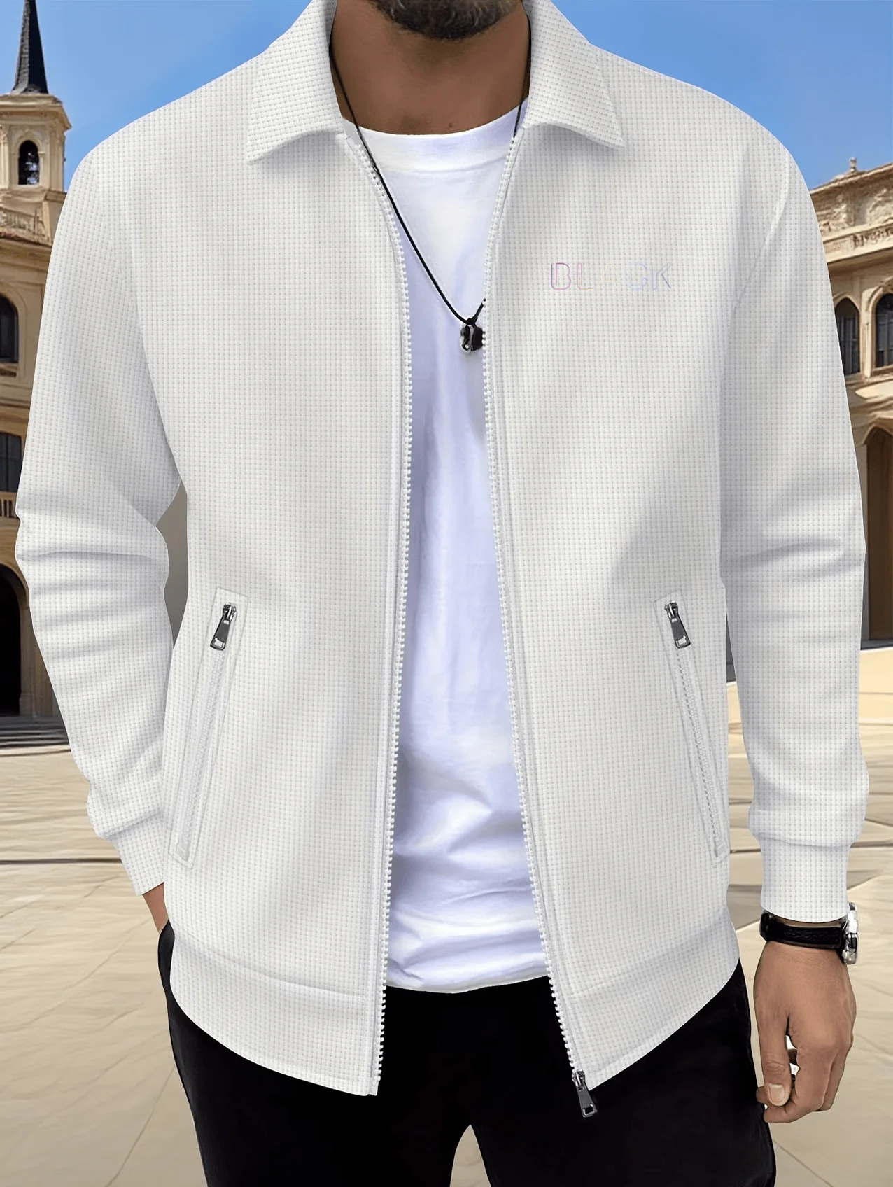 Men's casual lapel zip-up cardigan coat, stylish breathable waffle printed jacket, versatile top for outdoor sports