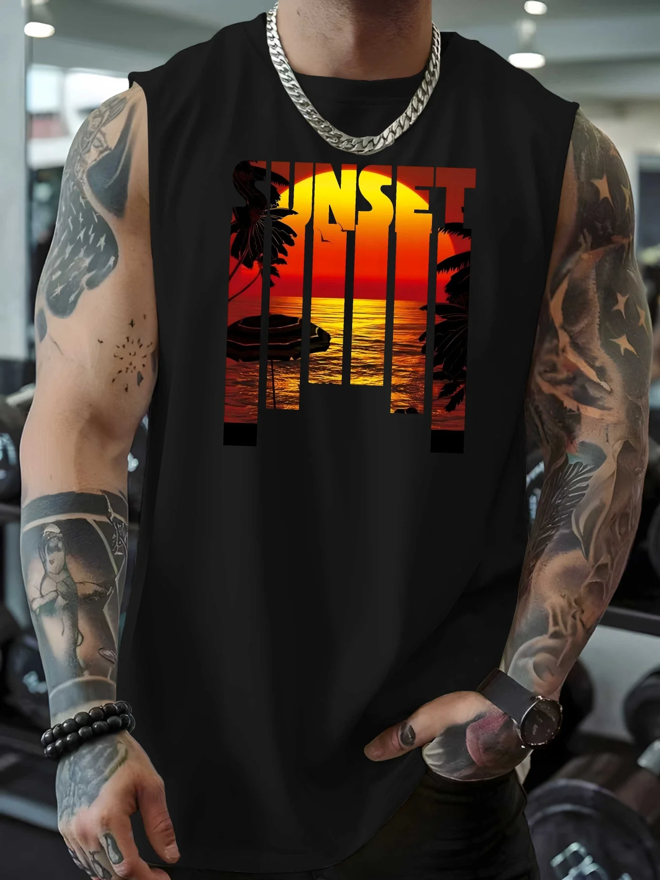 

Breathable sleeveless top - Sunset print fitness training vest, a summer sport and casual dual-purpose piece