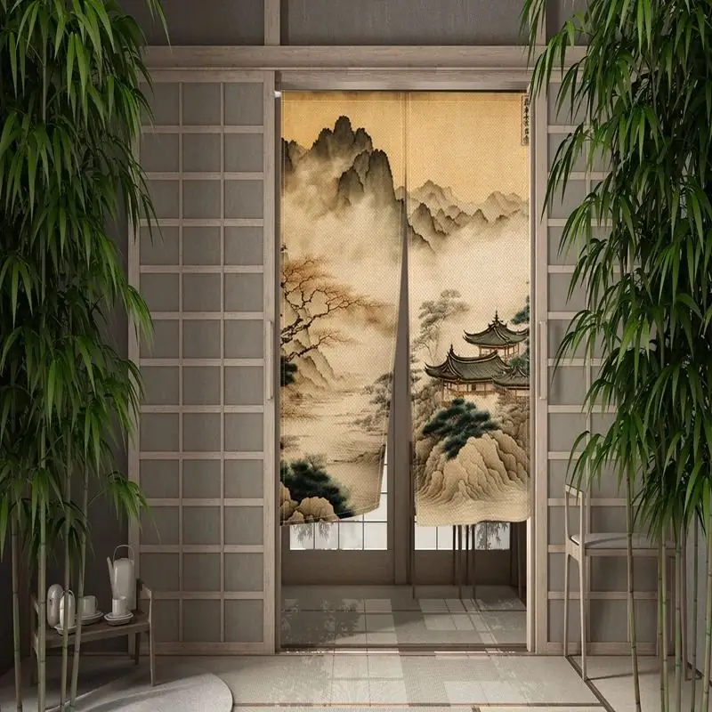 VIKAMA Chinese Zen Landscape Pavilion Door Curtain Linen Durable Stylish Bedroom Kitchen Entrance Decor Partition Half Curtain