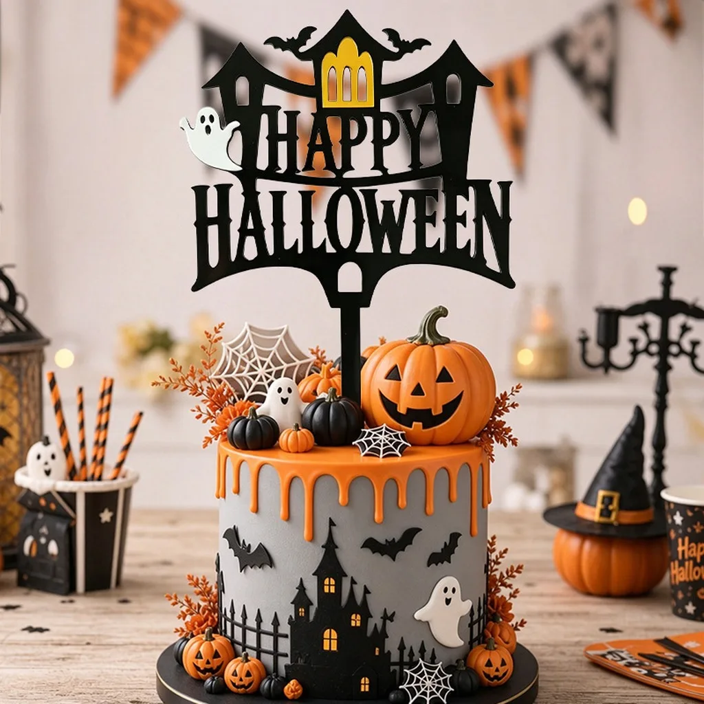 Halloween Acrylic Cake Topper Three Dimensional Acrylic Halloween Cake Decoration Castle Cake Topper Hollow Cut For Dessert