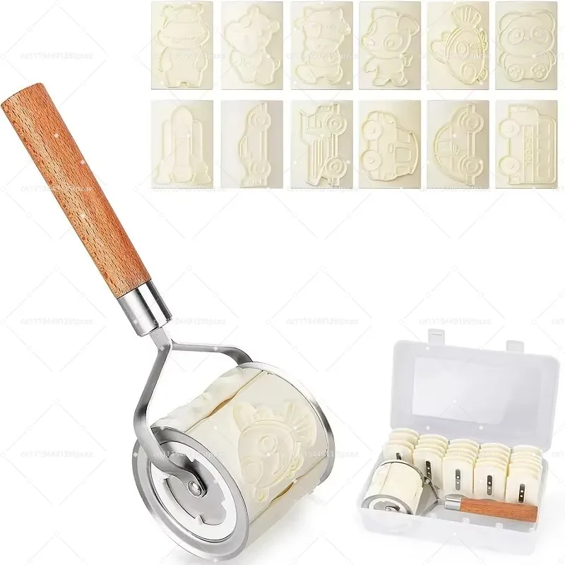 Roller Cookie with 32 pcs Stamps, Plastic Biscuit Cutter Set for Baking, Animal - Cat, Cow, Pig, Car, Space Theme Mold