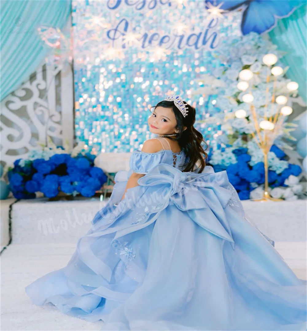 Ice Blue 3D Floral Off-shoulder Girls' Dress with Big Puffy Skirt Delicate Embroidery Large Bow Back Dreamy Cinderella Style