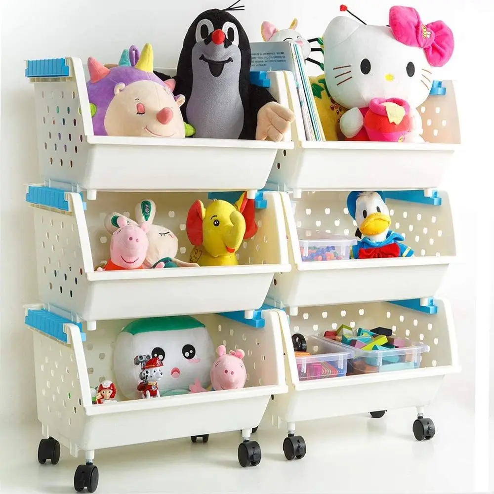 

Large Rolling Storage Bins for Toys and Kids' Items - 6 White Baskets with Natural Design