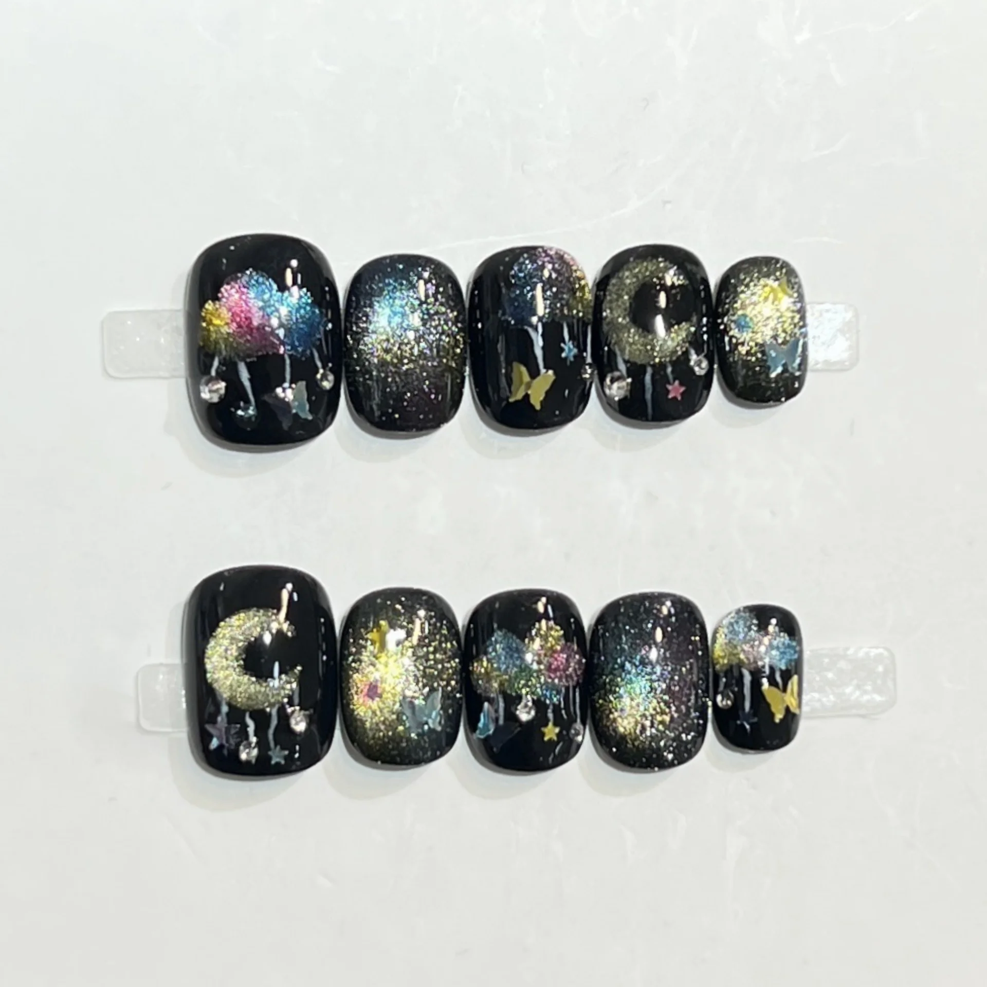 

10pcs Handmade Nails Tip Cat's Eye Black Short Square Round Fake Nail Art Moon Rainbow Design False Nail Wearable Press on Nails