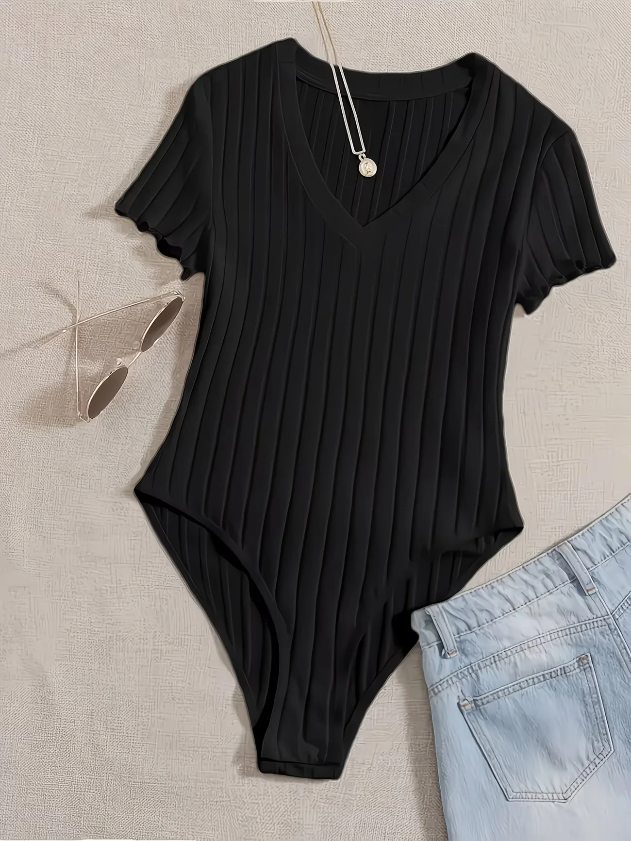 after shipmentSolid V-Neck Short-Sleeve Jumpsuit with Seasonal Ribbing