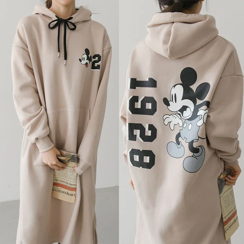 Disney Mickey Mouse Hoodies for Women Hooded Sweatshirt Dresses Fall Winter Warmth Casual Long Dress Coats Loose Knee Length