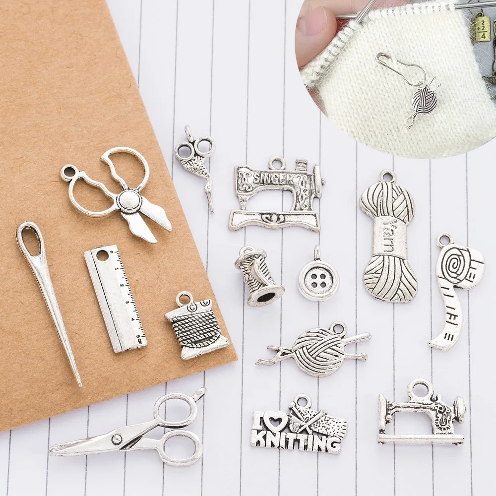إكسسوارات فضية من سبائك DIY، المعلقات، المقص، ملحقات سلسلة ماكينة الخياطة، المواد