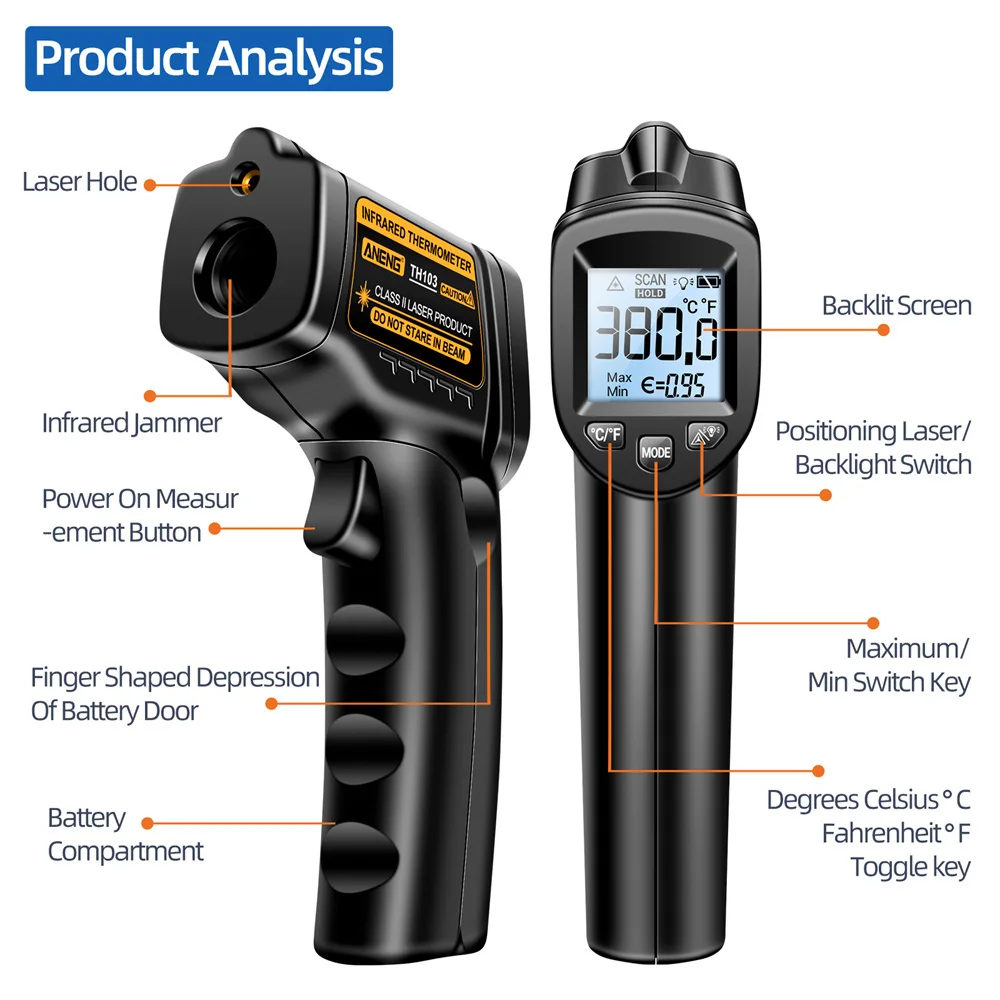 

TH103 /TH104 Digital Infrared Laser Thermometer Industrial Temparature Gun Backlight Screen Temperature Meter Tools