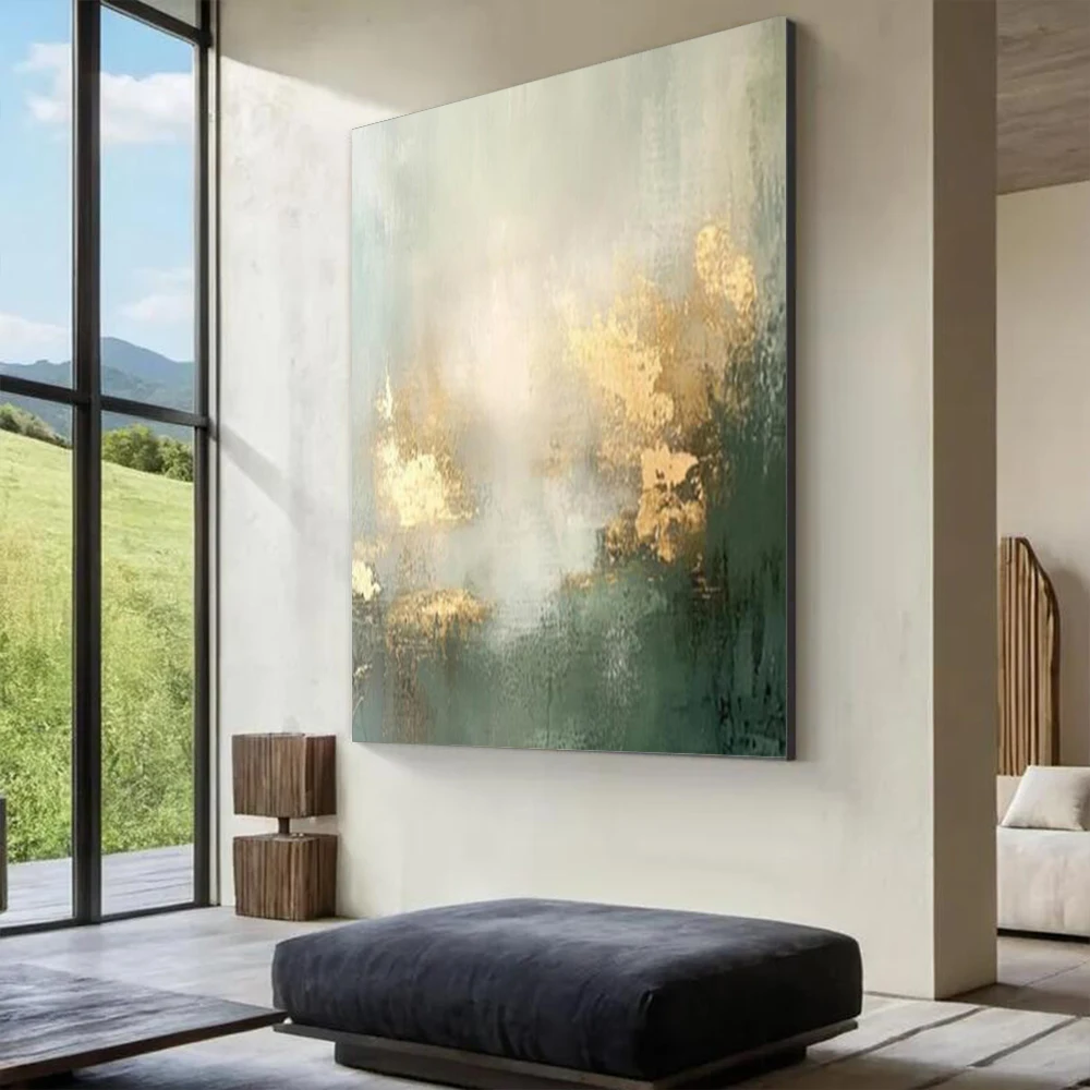 100% Handmade Abstract Oil Painting Gold And Green Rough Texture Wall Art Picture Knife Mural For Home Living Room Decor Image