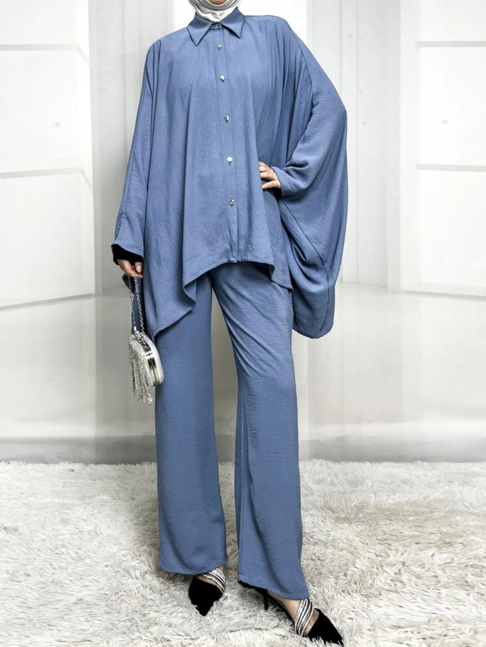 イード・ムスリムセット レディース バットスリーブ シングルブレストシャツ トップス ツーピースセット ブラウス ワイドレッグパンツスーツ アラビア ドバイ ムスリムアンサンブル