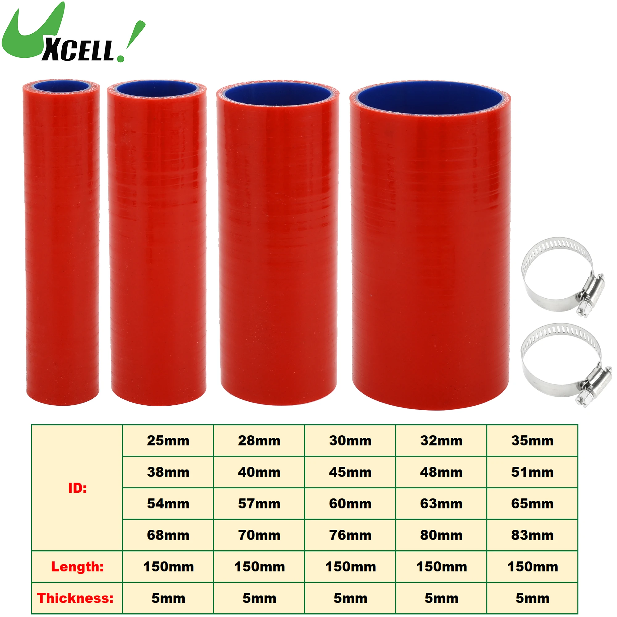 UXCELL 25/28/30/32/35/38/40/45/60/63/70/80/83mm  ID 150mm Length 0 Degree Car Silicone Hose w/ Clamps Coolant Hose Universal Red