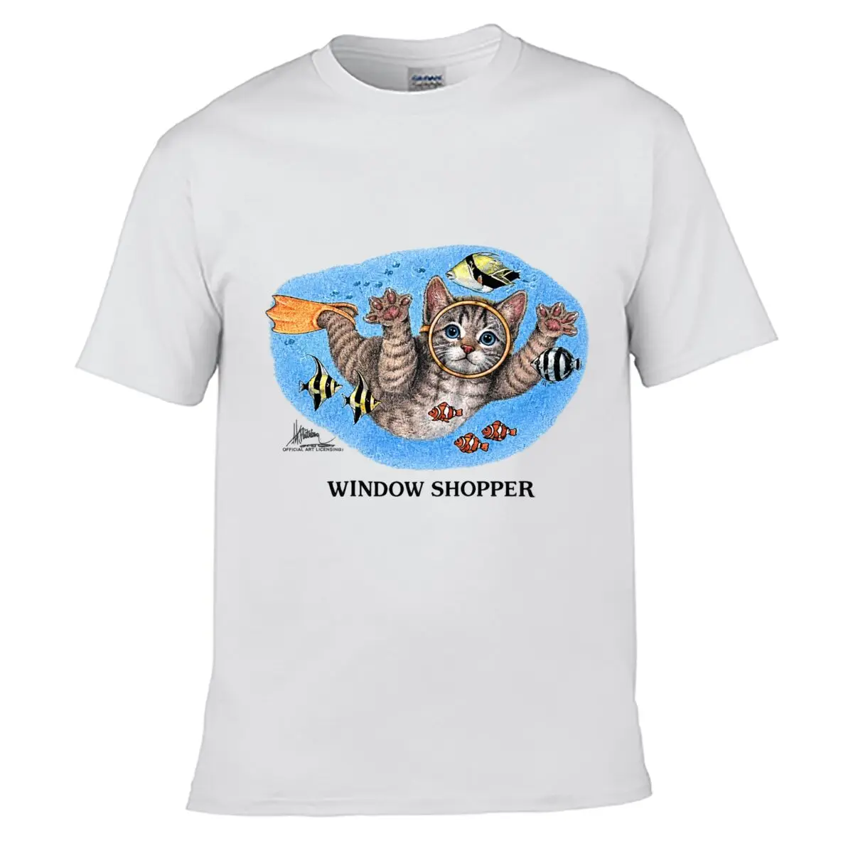 Window Shopper Cat Swimming Among Tropical Fish Art short-sleeved T-shirt