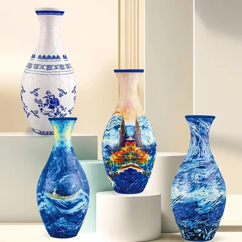 3d-パズル花瓶-diy-組み立て青と白の磁器デザインプラスチック家の装飾フラワーアレンジメント子供のための創造的なギフト