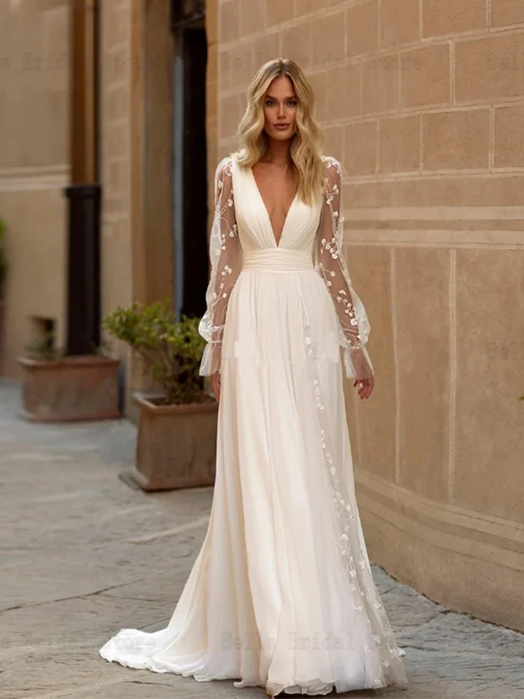 Flavinke Customzied Sexy Wedding Dresses Deep V Neck Long Sleeves Bridal Gowns Backless Appliques A-Line Sweep Train Chiffon
