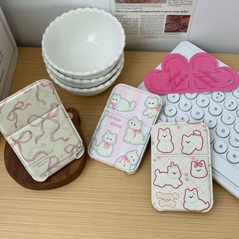 PU Leather Cute Desktop Stand Mirror Tulip Flower Bowknot Dog Cat Fold Makeup Mirror Light Weight Delicate Pocket Make-up Mirror