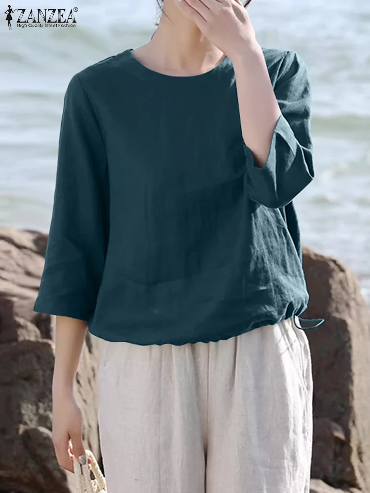 

ZANZEA 2025 модная блузка, однотонная женская повседневная винтажная рубашка с рукавом 3/4, осенние свободные топы с круглым вырезом и шнурком, Blusas
