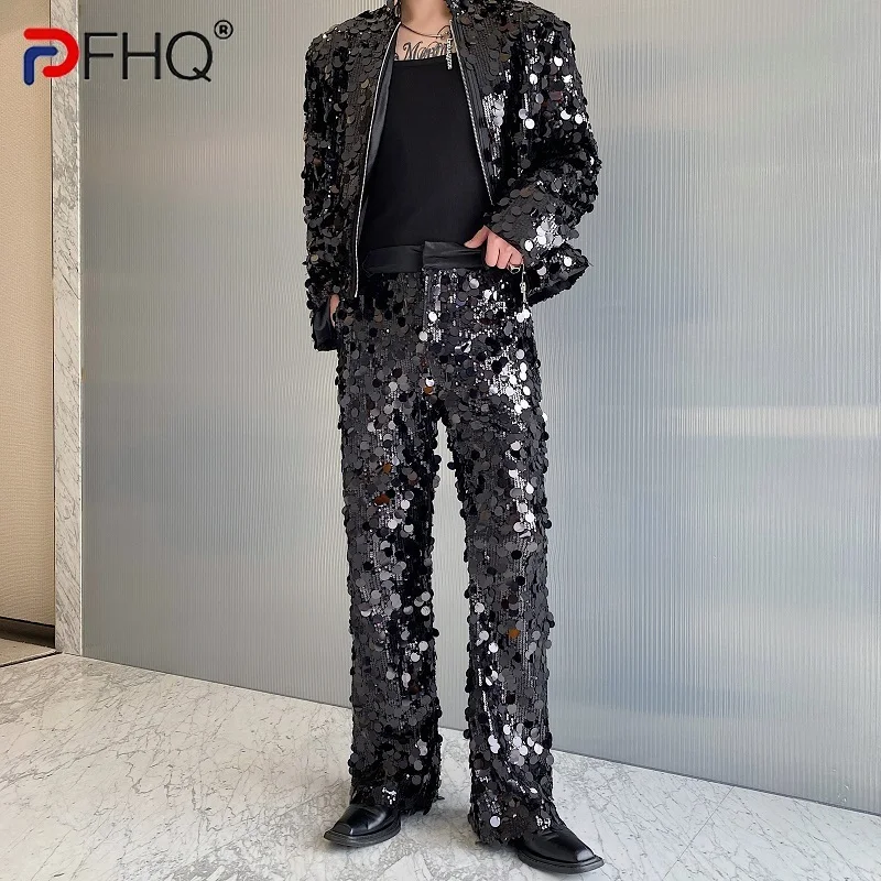 PFHQ Trendy Personalized Sequined Straight Flared Pants Casual Solid Color Jacket Long Sleeve Loose Male Sets Fashion 9C7536