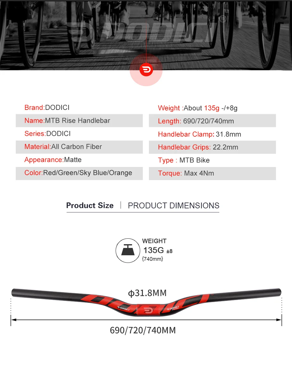 DODICI Carbon Handlebar MTB Handlebar Flat Or Rise Handlebar 31.8*690/720/740mm Matt Bicycle Handlebars Mountain Bike Accessorie