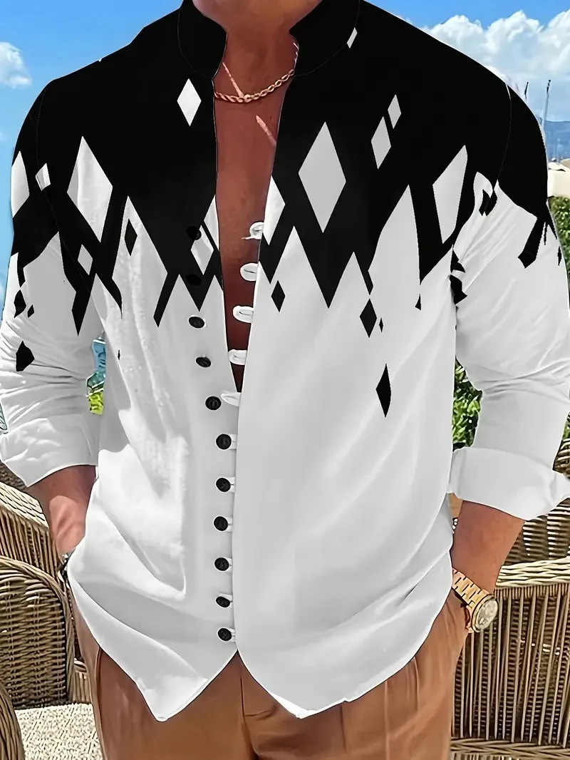 Men Linen Shirts New Print Button Shirt Fashion Stand Up Collar Loose Men's Shirts Streetwear Casual Beach