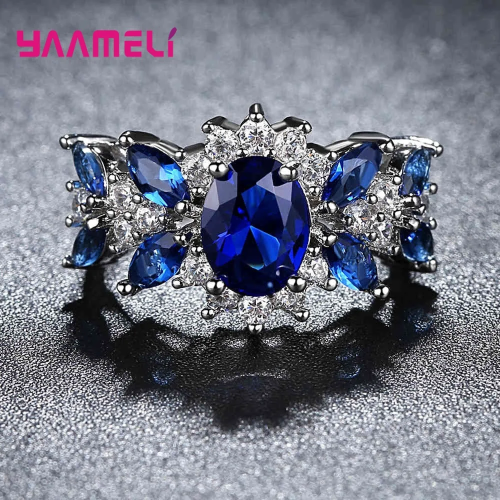 Classic Blue Crystal Wedding Rings For Women 925 Sterling Silver AAA CZ Rhinestone Fashion Engagement Christmas Gift Jewelry