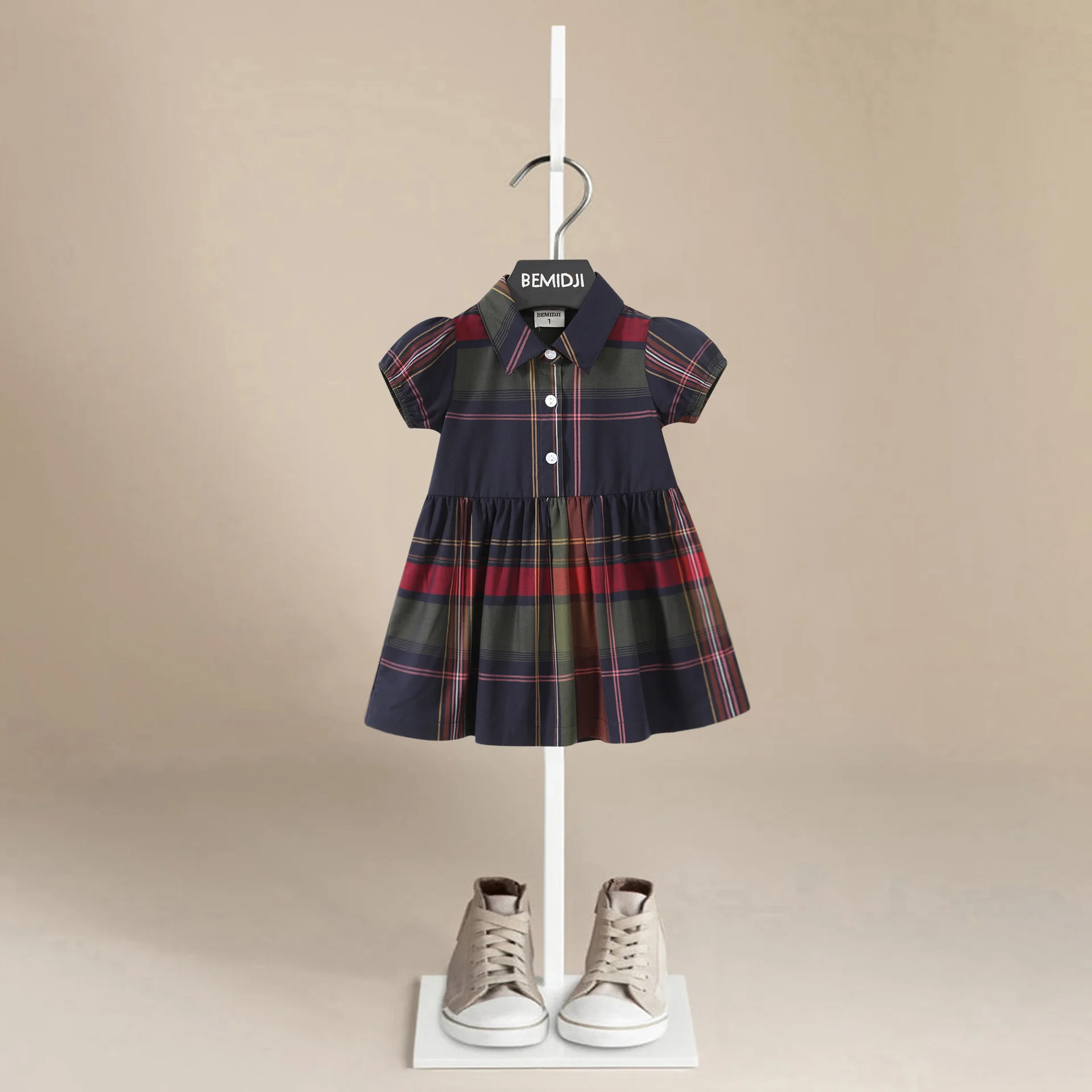 

Summer Short Sleeves Knee-Length Clothes for Kids Baby Girls Striped Plaid Slim Comfortable Princess Children Party Dress
