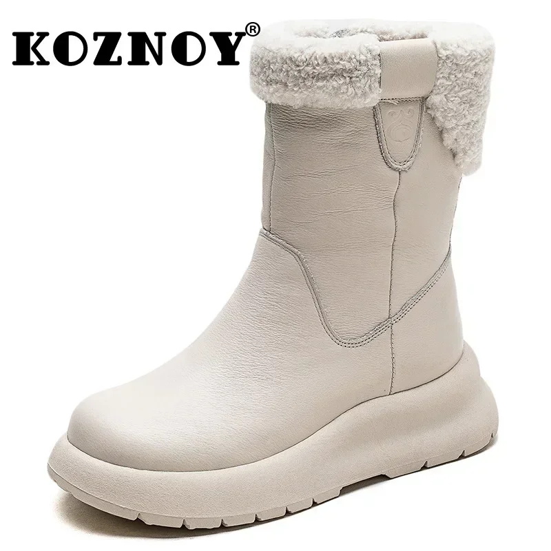 Koznoy 5cm Natural Genuine Leather Chunky Cow Spring Rubber Ankle Boots Soft Soled Winter Plush Flats Booties Autumn Women Shoes