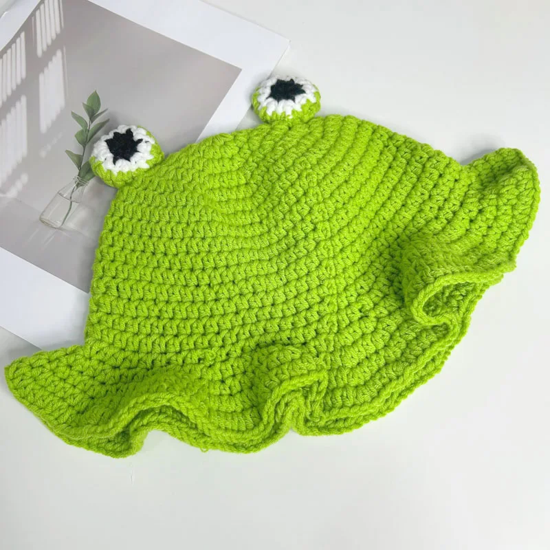 Sweet and Healing Style Knitted Frog Bucket Hat - 3D Cute Eyes & Blush, Wide-Brimmed, Cute & Versatile Girlish Style