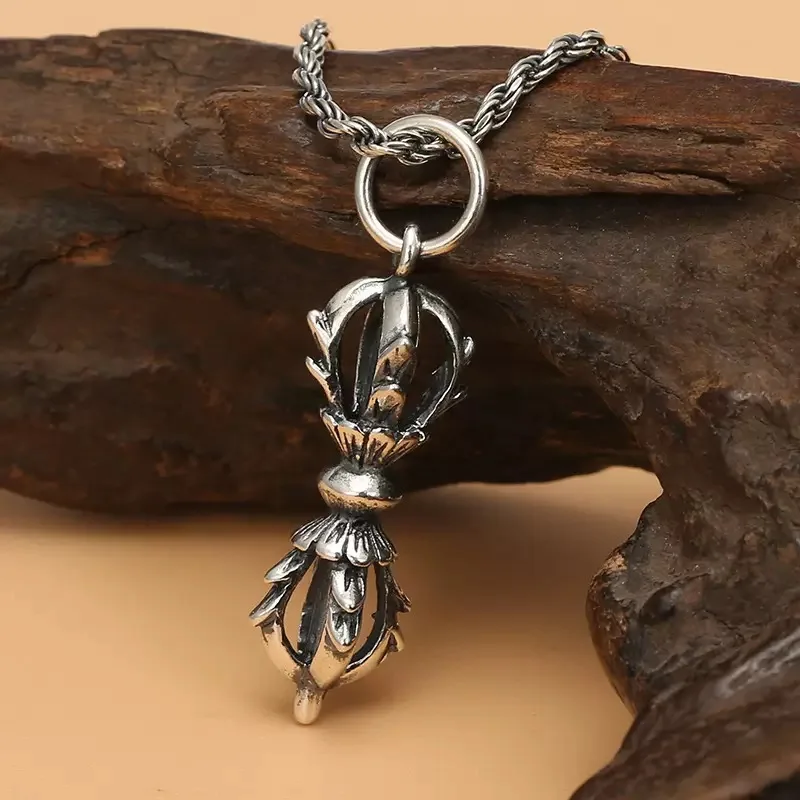 Pure Silver S925 Sterling Silver Small Vajra Buddhist Instruments Unisex Lucky Pendant Fine Jewelry Man Women