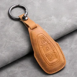 Leather Car Remote Key Case Cover Protective Shell for Ford Focus 3 4 ST Mondeo MK3 MK4 Fiesta Fusion Kuga Car Keyreing