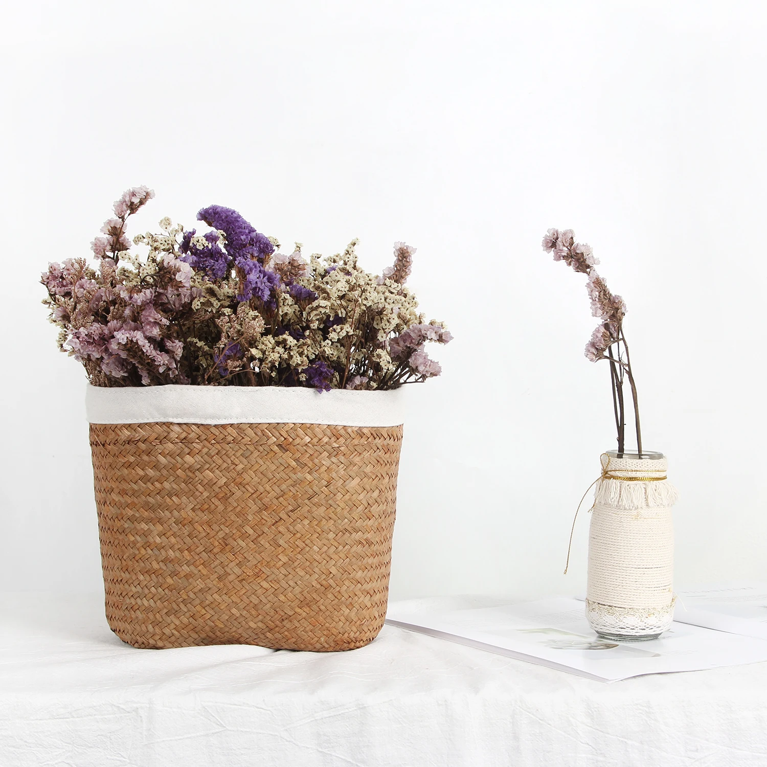 Seagrass woven flower dried flower basket living room decoration flower storage basket laundry basket desktop storage basket