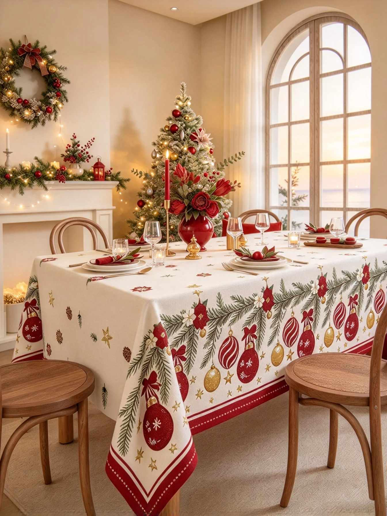1Pcs Cream Christmas Tablecloth with Ornament Print Rectangle Waterproof Vintage Cottagecore Banquet Decor