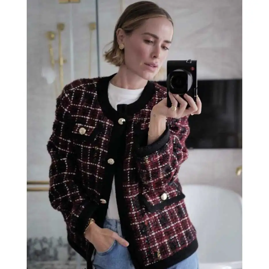 Cherry Plaid tweed Jacket women Crew neckline Long sleeves gold buttons autumn winter coat female