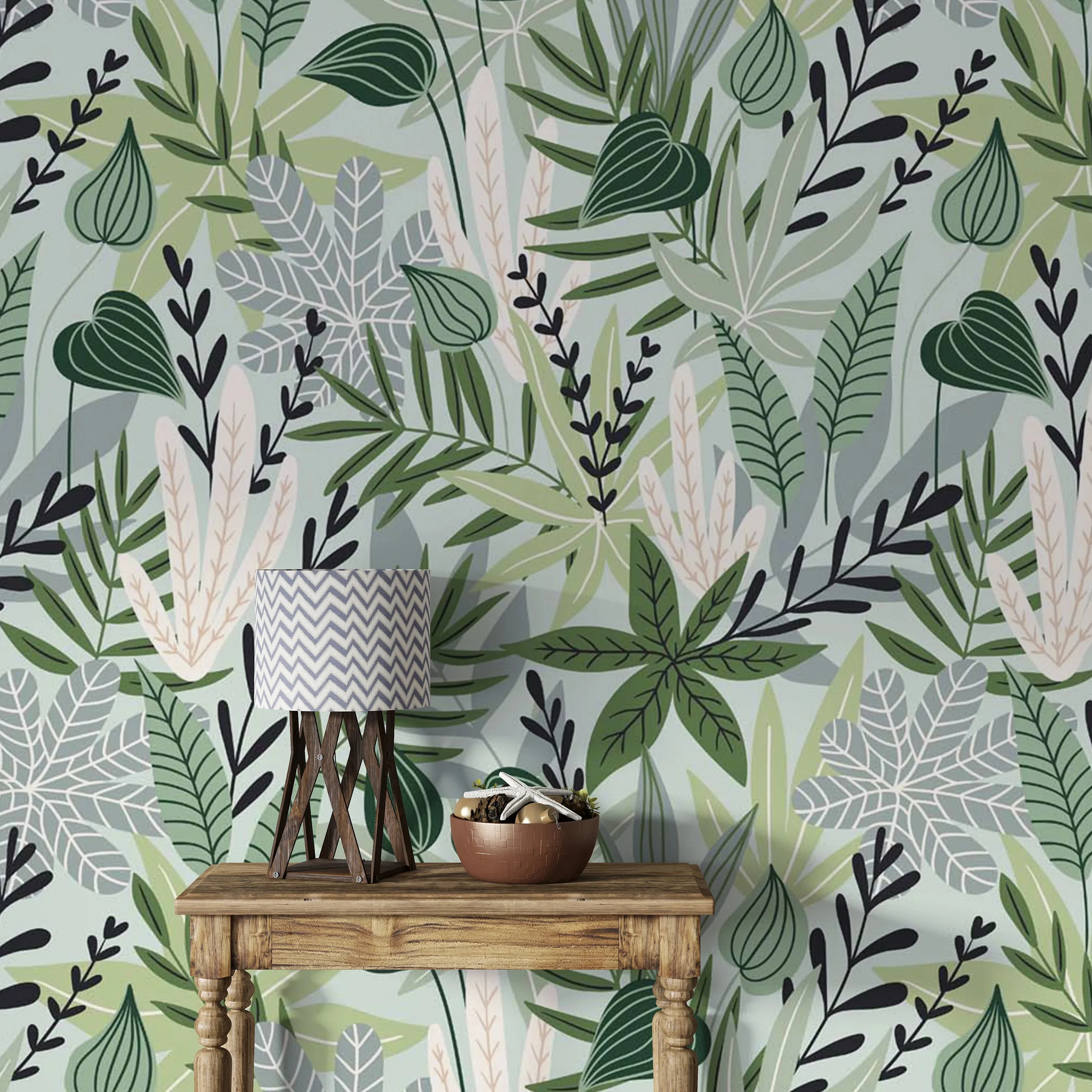 Nordic Style Tropical Leaves Wallpaper Peel and Stick,Self Adhesive Or Pasted Green Leaf Wall Mural For Home Decor,Custom Size