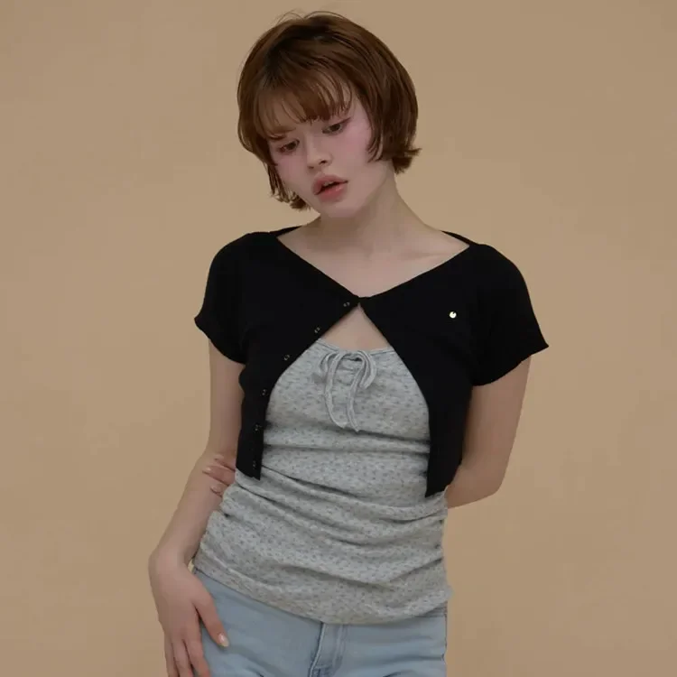 IMU Japanese Fashion Sweet Printed Camis + Knit Short-sleeved Top Two-piece Set for Women Summer New Female Clothes Ladies T-Shi