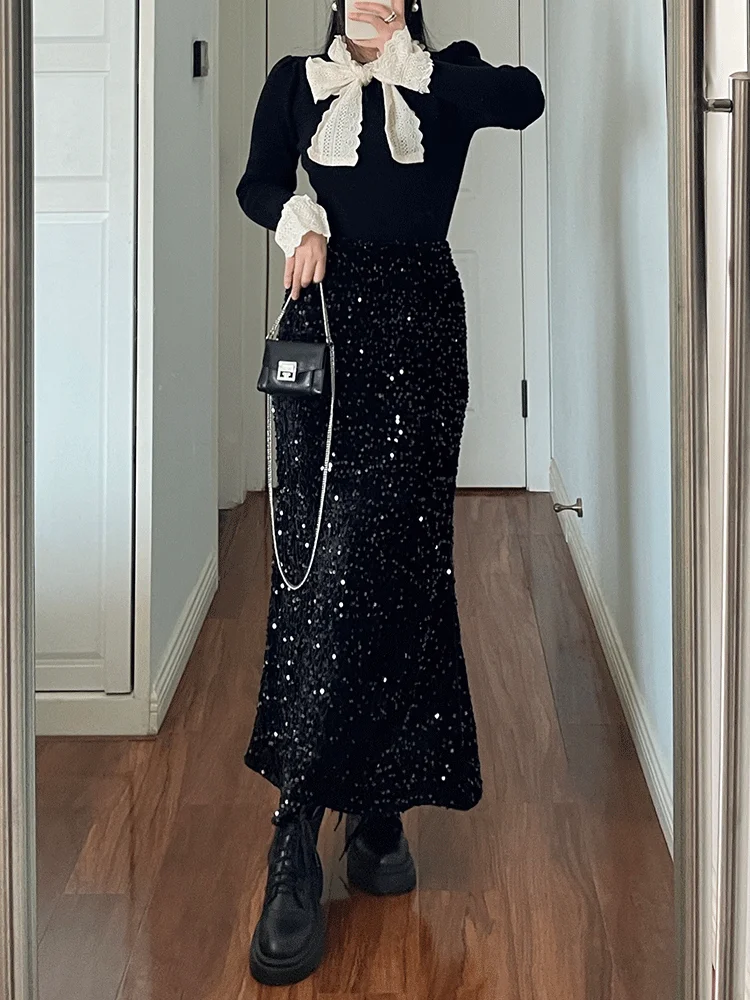 Gonna a coda fi con paillettes in velluto La Chapelle Gonna da donna autunno inverno Ele a vita alta di media lunghezza con diamanti scintillanti