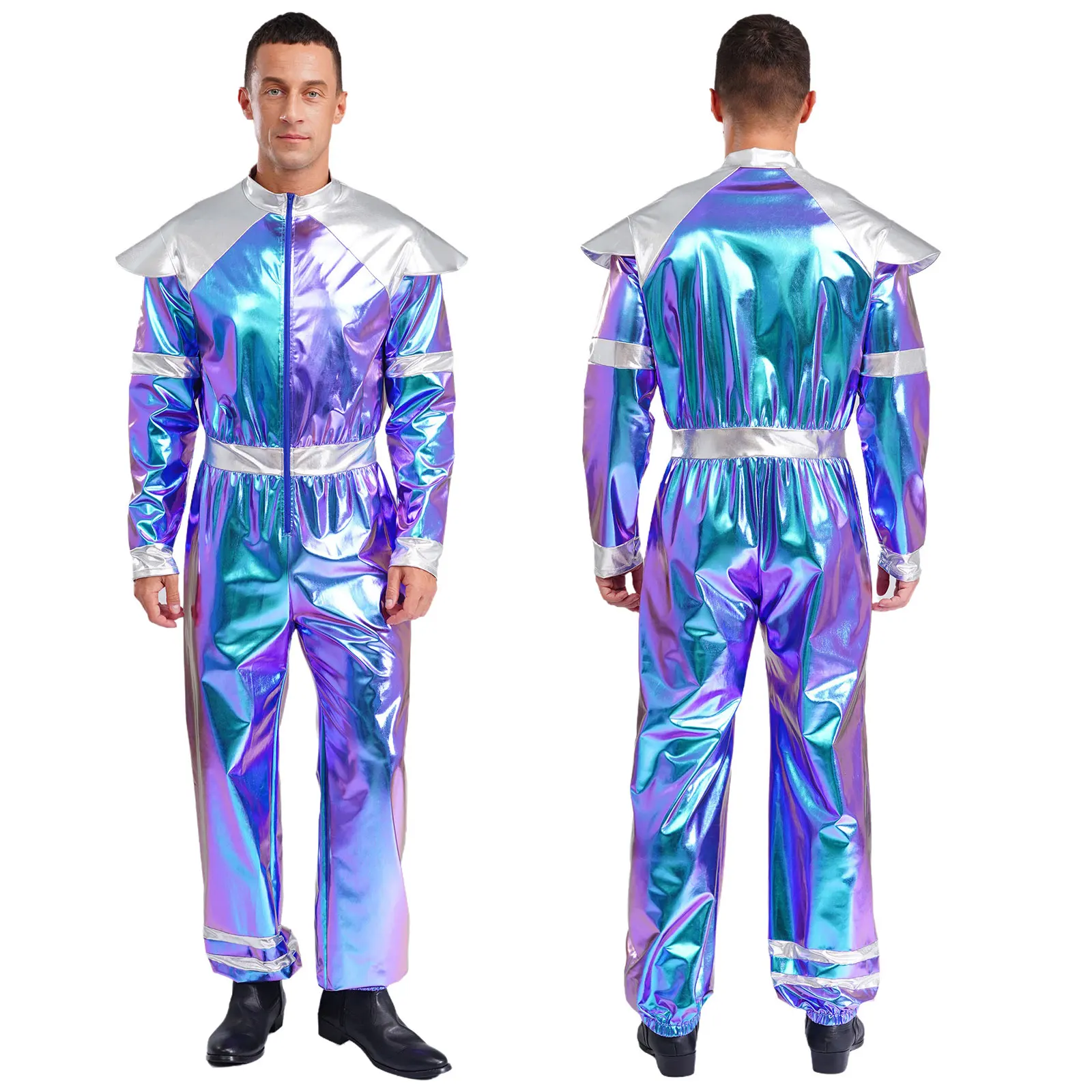 Men Retro Space Alien Robot Astronaut Costume Halloween Theme Party Cosplay Fancy Dress Up Long Sleeves Shiny Metallic Jumpsuit