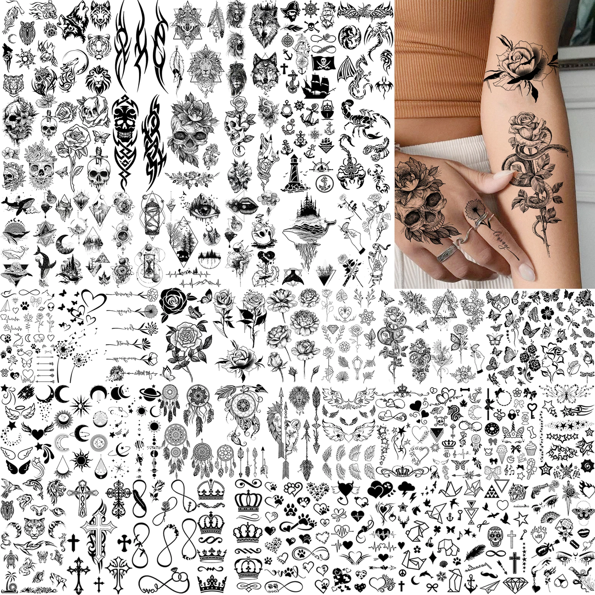 52 ورقة إبداعية سوداء صغيرة على شكل تاج إنفينيتي مثلث تاتو مزيف للرجال والنساء حروف نجوم واقعية للكبار مؤقتة #1