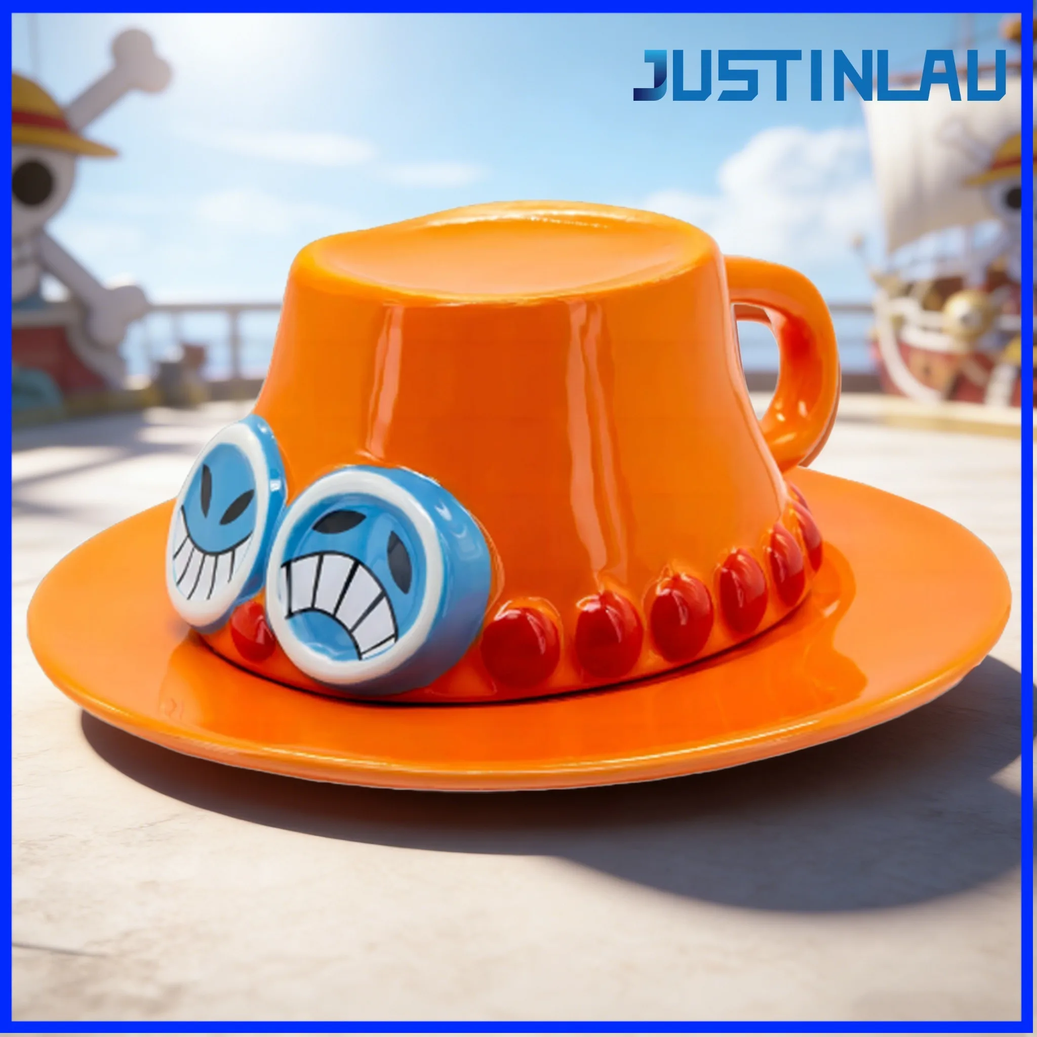 JUSTINLAU 250ML Kreative Anime-Kaffeetasse Handgefertigte Keramik-Piratenhut-Tasse mit Untertasse Frühstücks-Milchbecher Geschenk für Beste Freunde