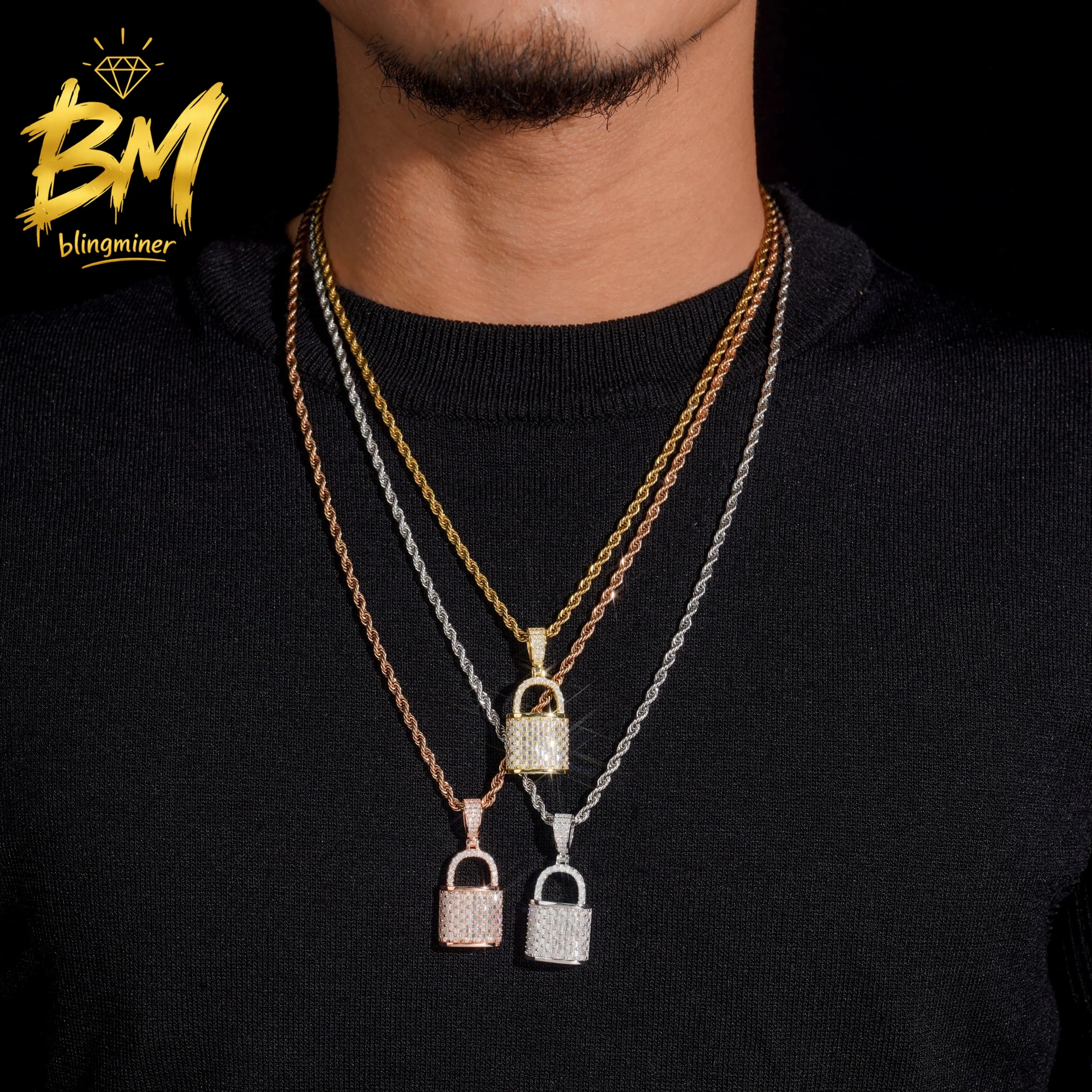 Blingminer New Arrivals S925 Silver Lock VVS Moissanite Pendant For Men Women Pendants Jewelry Pass Diamonds Tester Free Shippin